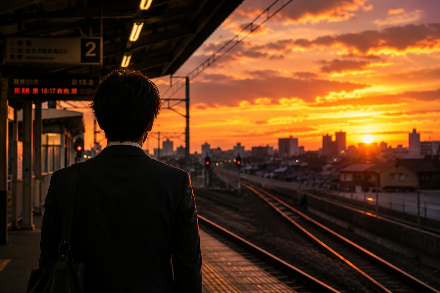 夕暮れの駅のホームで電車を待つ人の後ろ姿