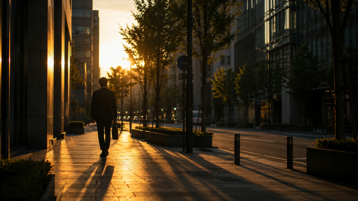 人がまばらになった初秋の夕方のオフィス街を歩く人の後ろ姿