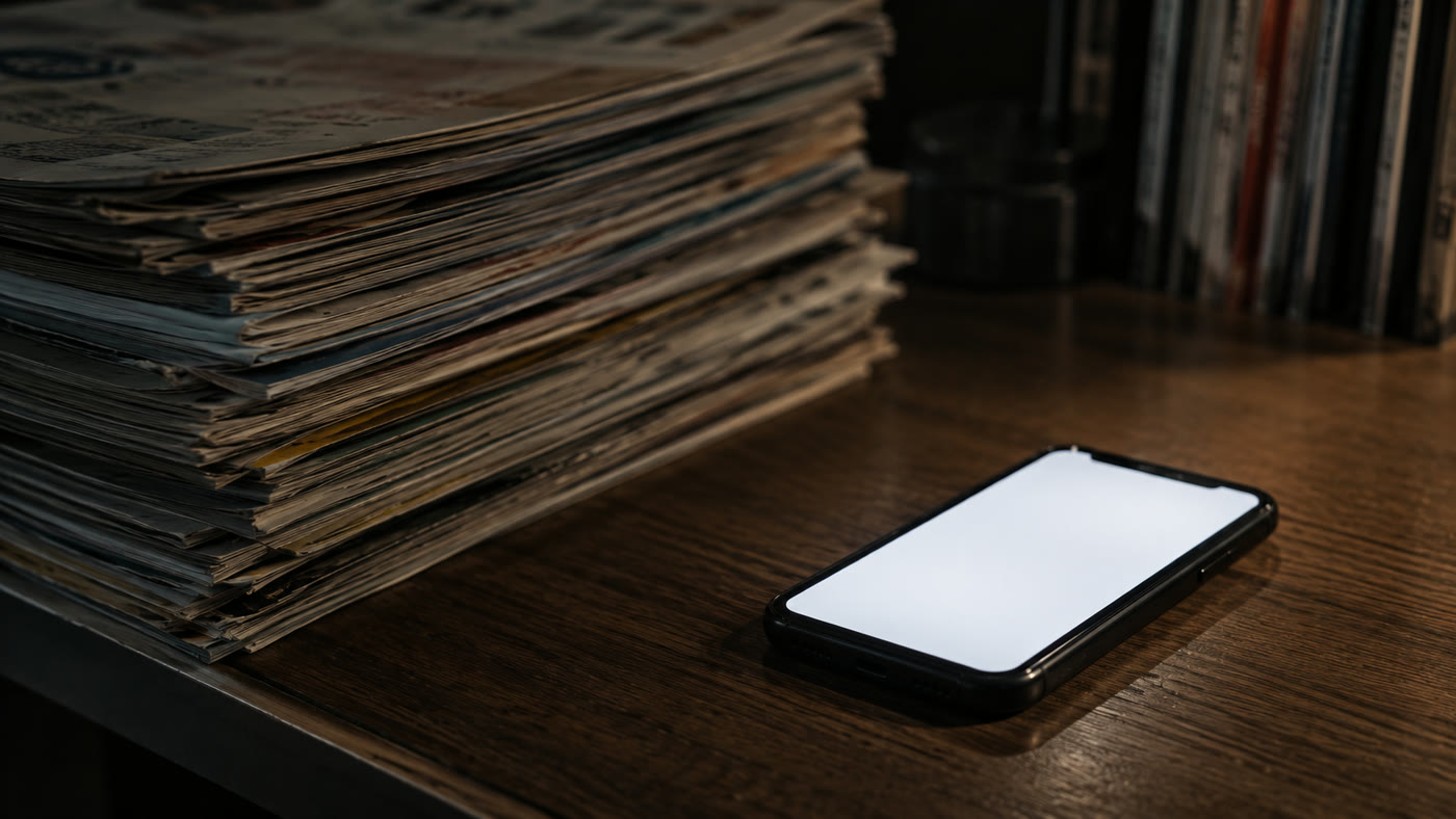 積まれた古い雑誌と光るスマートフォン