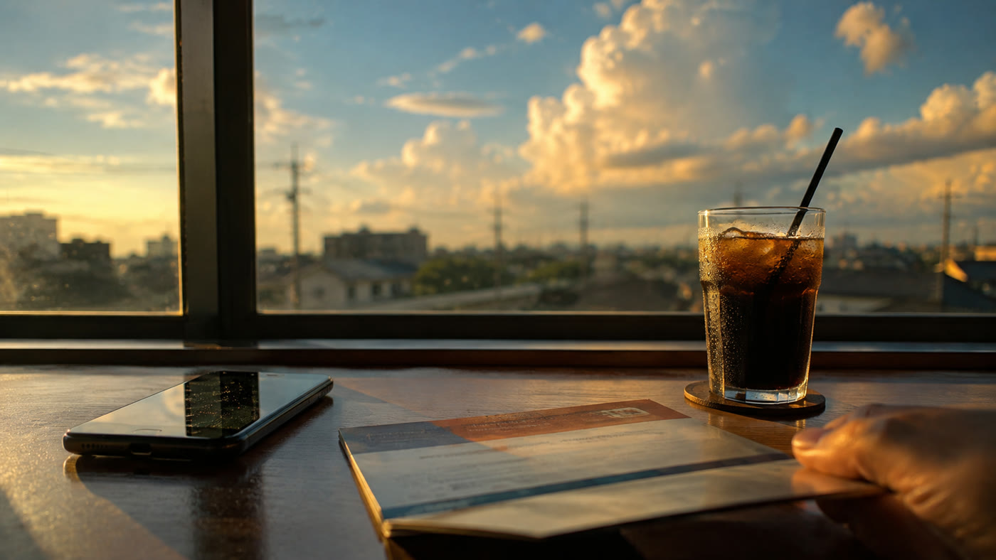 夏の夕暮れ、窓辺のテーブルに置かれたスマートフォンとアイスコーヒー
