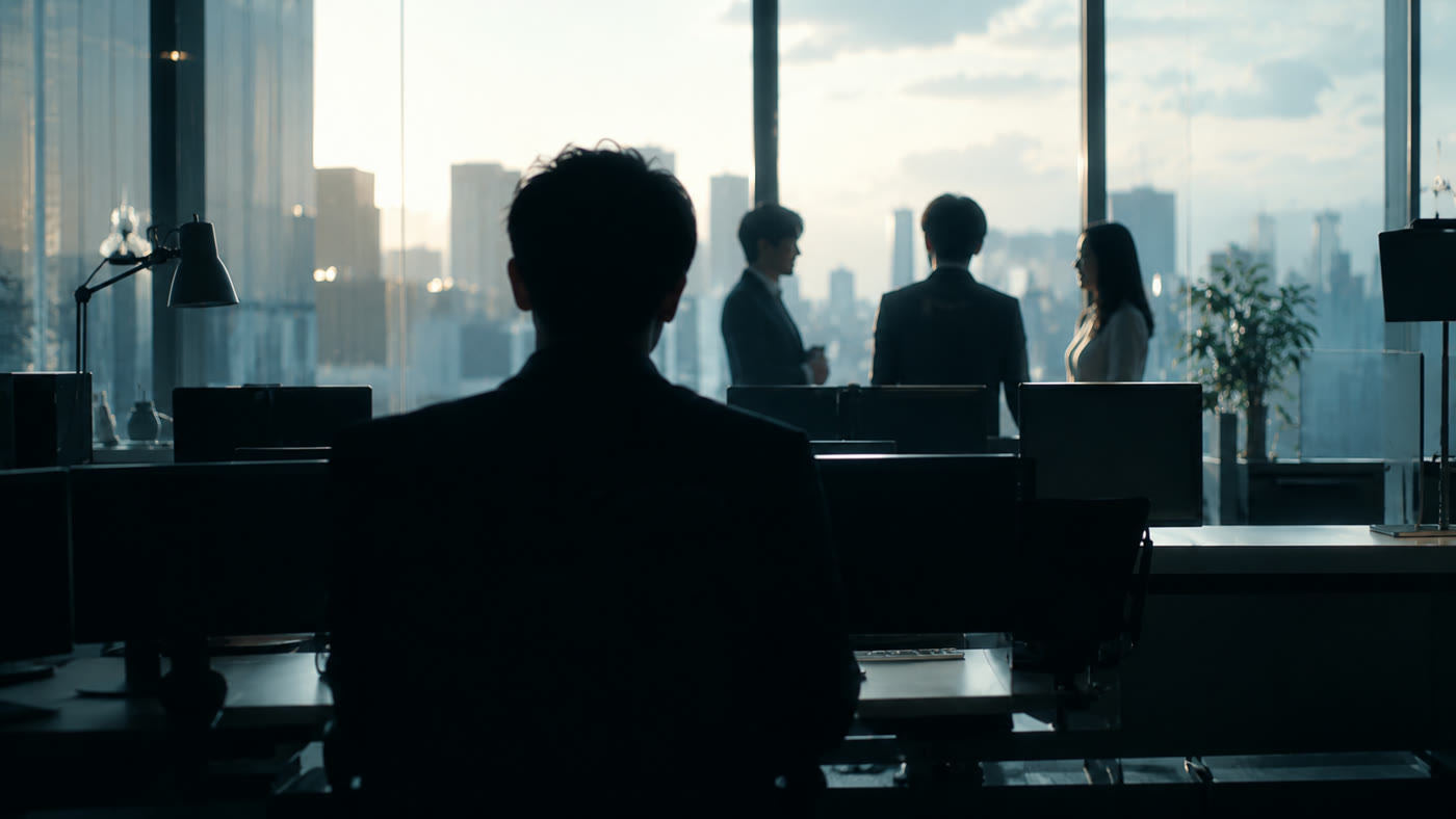 影の中の席に座る社員と、窓際の光の中で談笑する若手たち