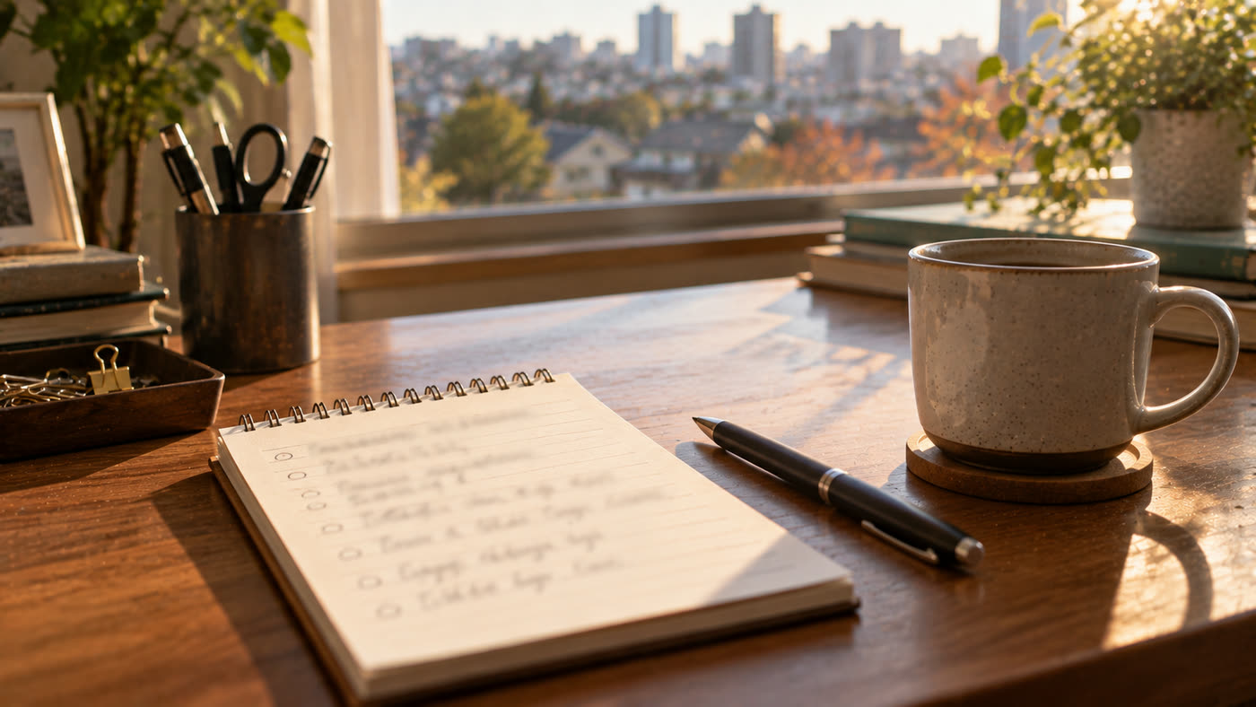 窓からの光が差し込む机の上に、箇条書きのメモ帳とペンとマグカップ