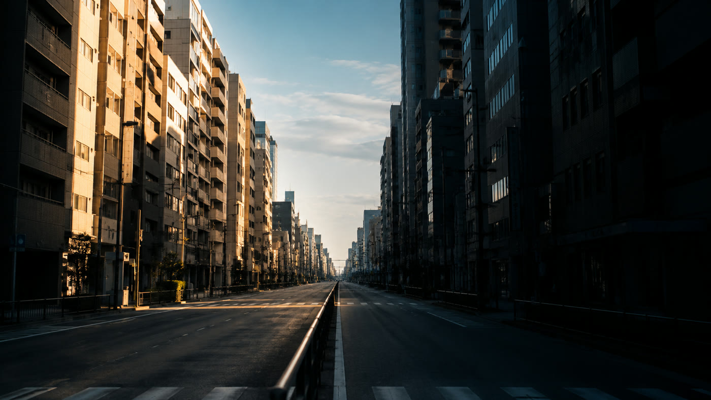 片側のビルは日が当たって輝き、反対側は影に沈む都市の通り