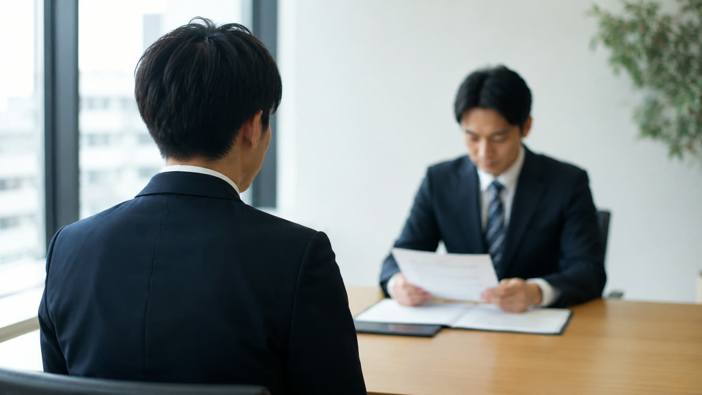 明るい面接室で、書類に目を通す面接官と向かい合う応募者