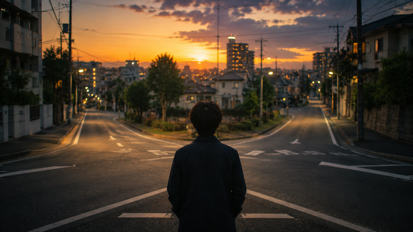 夕暮れの交差点、二方向に分かれる道の前に立つ人の後ろ姿