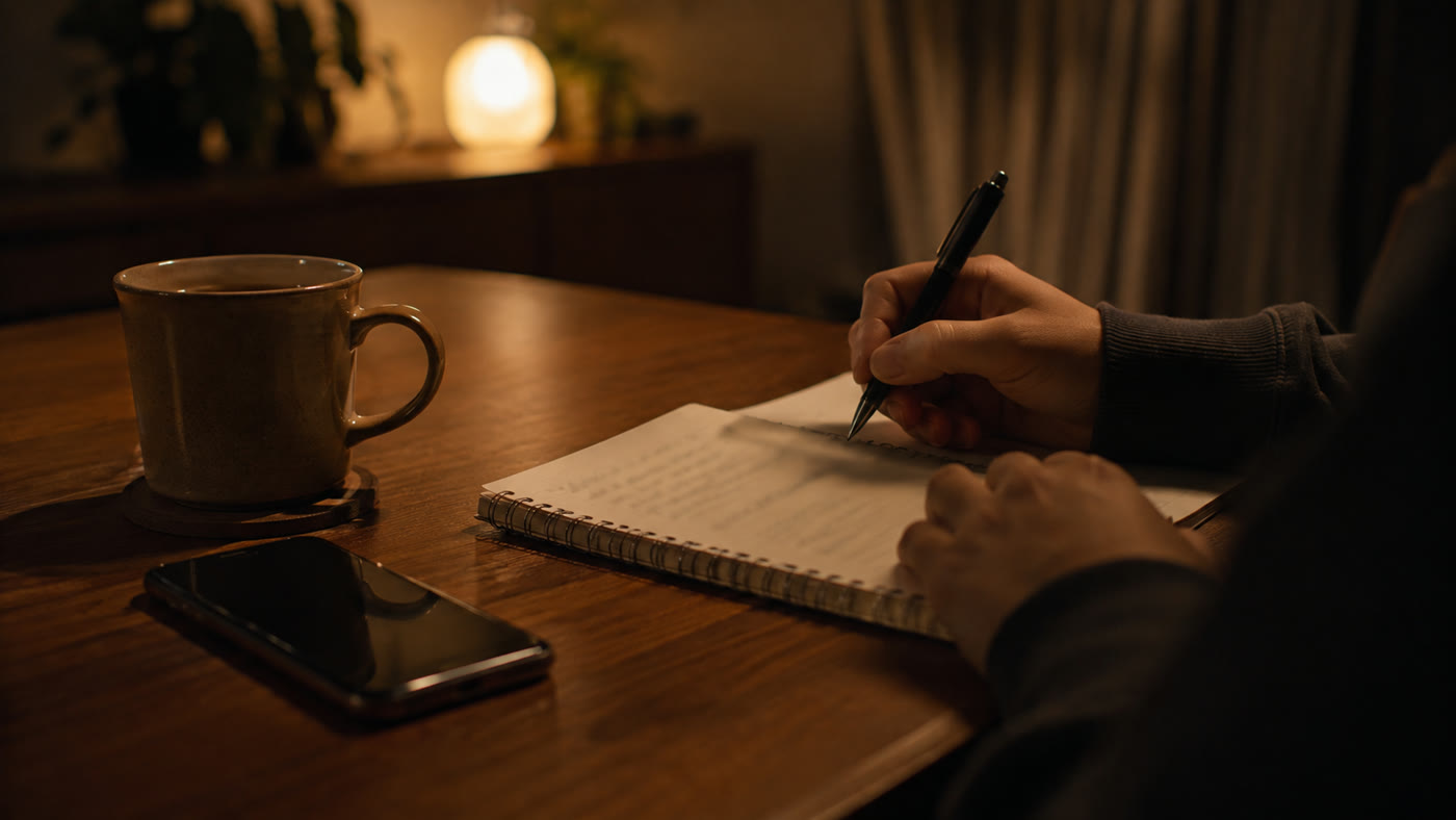 夜の部屋で、ノートに考えを書き出している手元