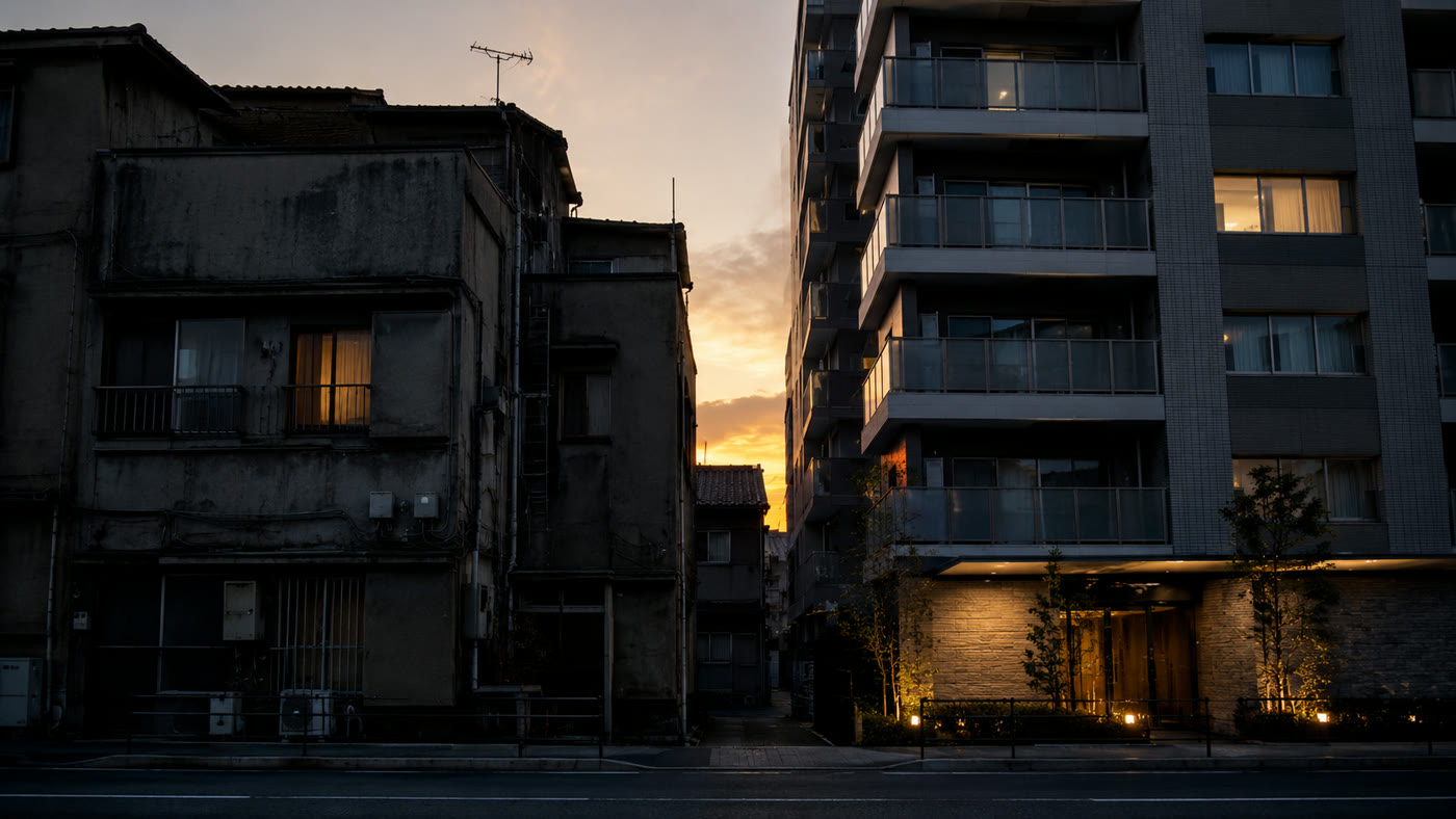 夕暮れの街に並ぶ、古いアパートと新しいマンション