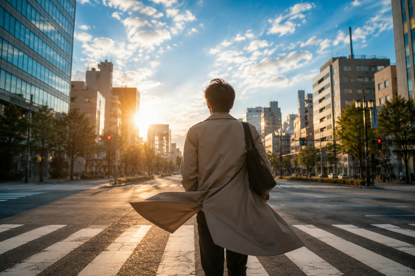 朝の交差点で風を受けて立つ人の後ろ姿