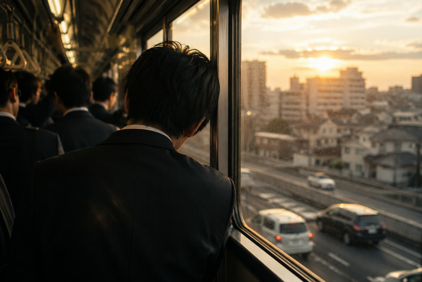 朝の通勤電車の窓の外を眺める会社員の後ろ姿